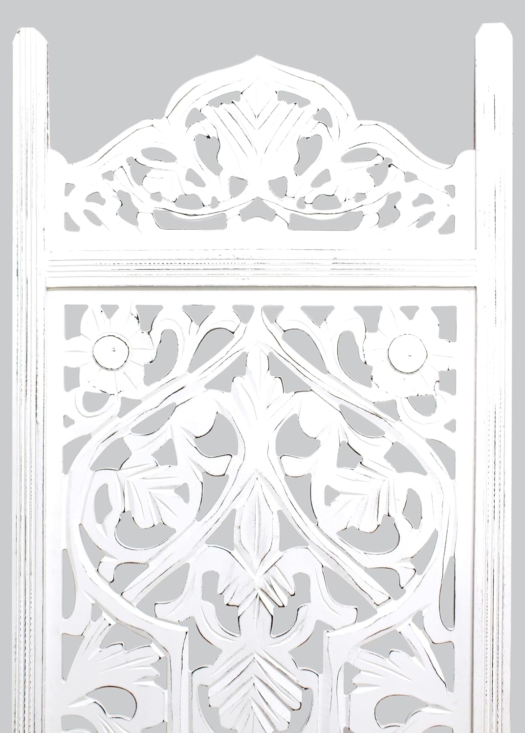 Urbane Crafts Handcrafted Wooden Room Divider & Living Room Partition | 4-Panel Solid Mango Wood & MDF Privacy Screen with Symmetrical Mandala Floral Carvings | Crisp Distressed White Finish