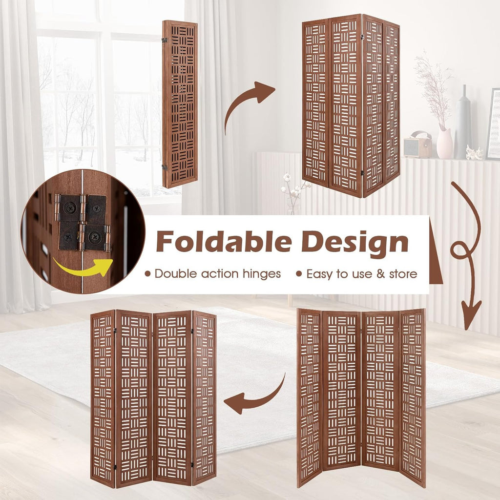 Handcrafted Wooden Room Divider & Extra Wide Living Room Partition | 4-Panel Solid Mango Wood & MDF Privacy Screen with Geometric Basketweave Cutouts | Honey Brown Finish