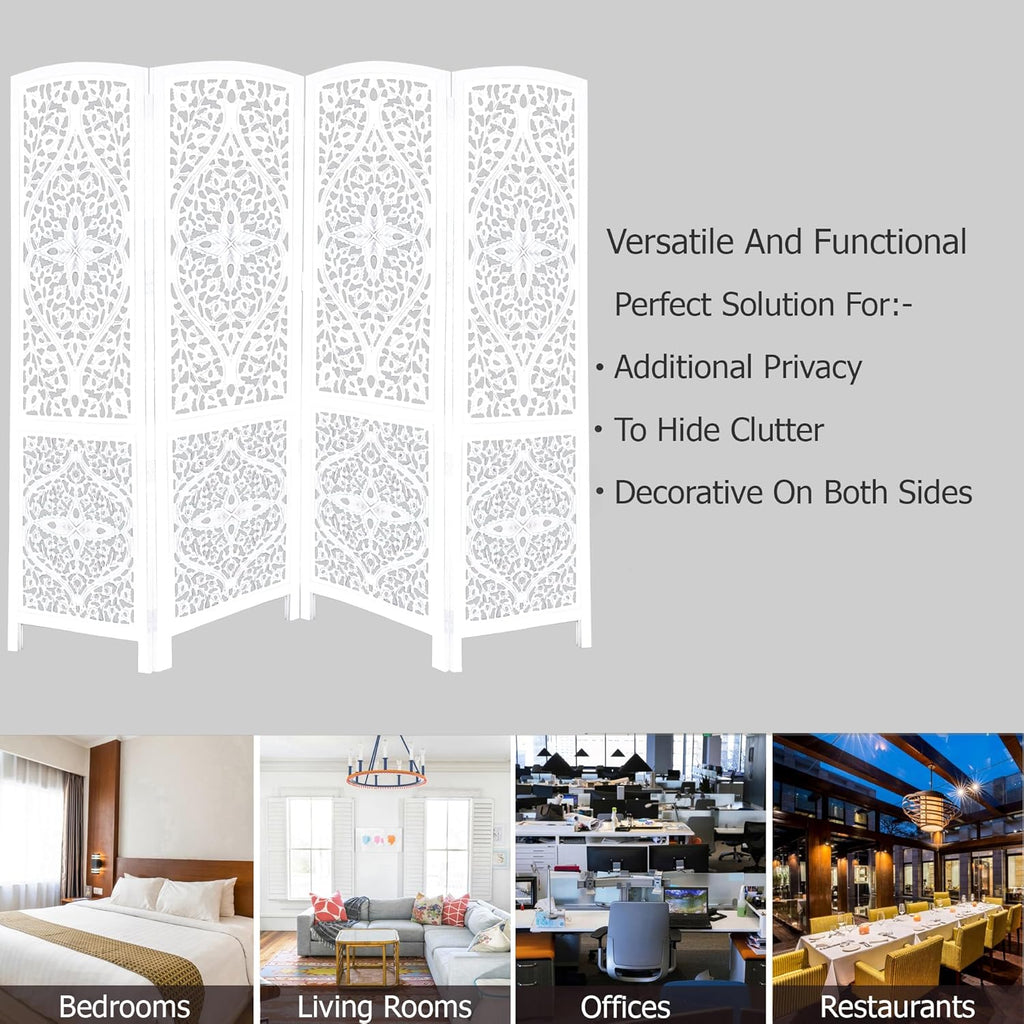 Urbane Crafts Handcrafted Wooden Room Divider & Living Room Partition | 4-Panel Solid Mango Wood & MDF Privacy Screen with Diamond Floral Cutouts & Arched Tops | Classic White Wash Finish