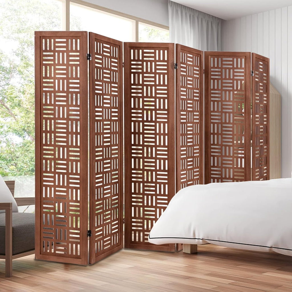 Urbane Crafts Handcrafted Wooden Room Divider & Extra Wide Living Room Partition | 6-Panel Solid Mango Wood & MDF Privacy Screen with Geometric Basketweave Cutouts | Honey Brown Finish