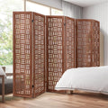 Urbane Crafts Handcrafted Wooden Room Divider & Extra Wide Living Room Partition | 6-Panel Solid Mango Wood & MDF Privacy Screen with Geometric Basketweave Cutouts | Honey Brown Finish