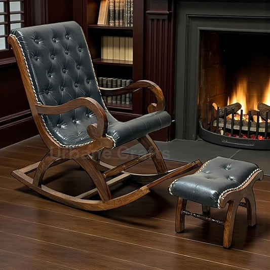 Urbane Crafts Handmade Wooden Rocking Chair/Relax Chair with Cushion Comfort and Footrest for Adults for Reading/Relaxing for Home (Sheesham Wood) (Gery)