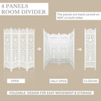 Urbane Crafts Handcrafted Wooden Room Divider & Living Room Partition | 4-Panel Solid Mango Wood & MDF Privacy Screen with Elegant Floral Vase Carvings | Pristine White Finish