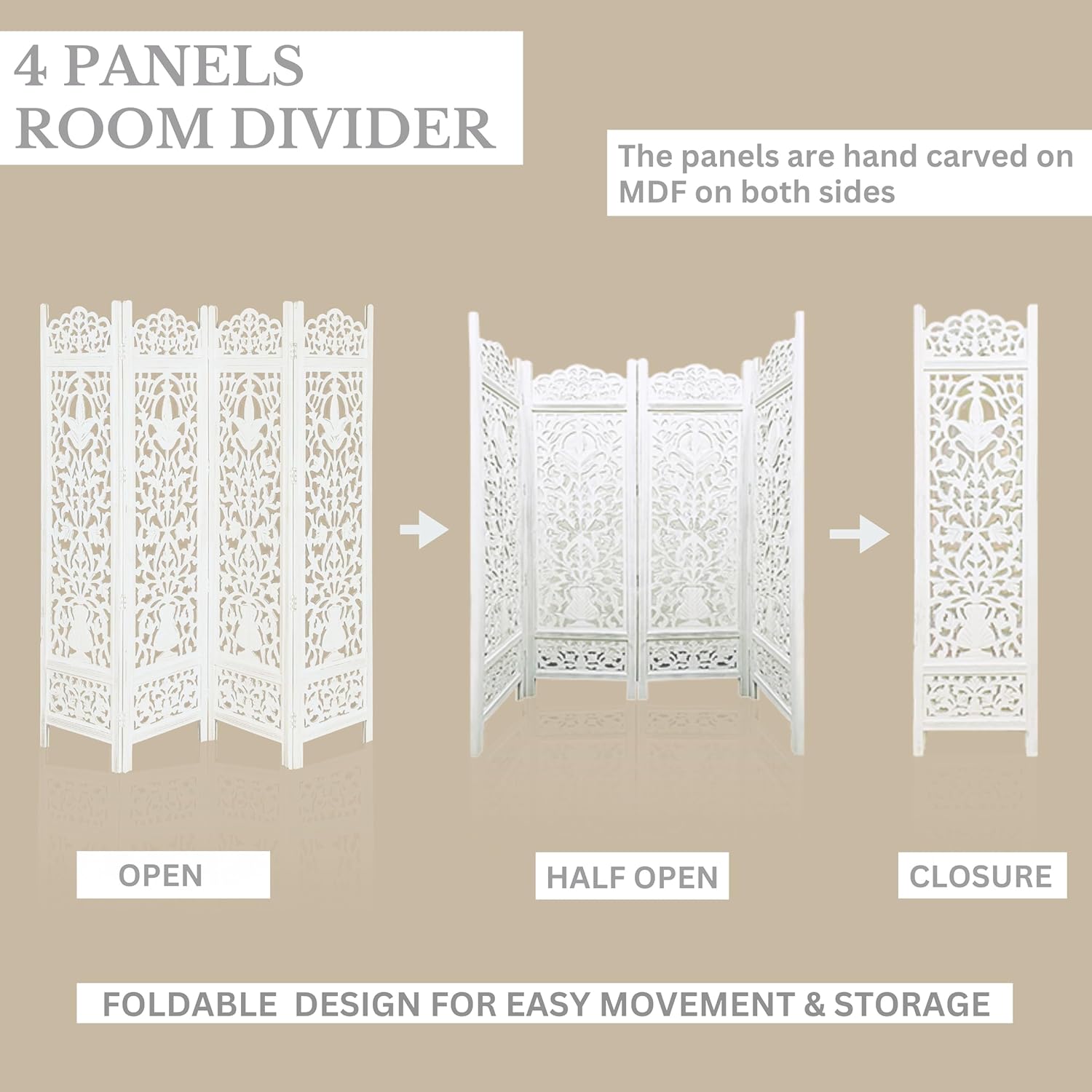Urbane Crafts Handcrafted Wooden Room Divider & Living Room Partition | 4-Panel Solid Mango Wood & MDF Privacy Screen with Elegant Floral Vase Carvings | Pristine White Finish
