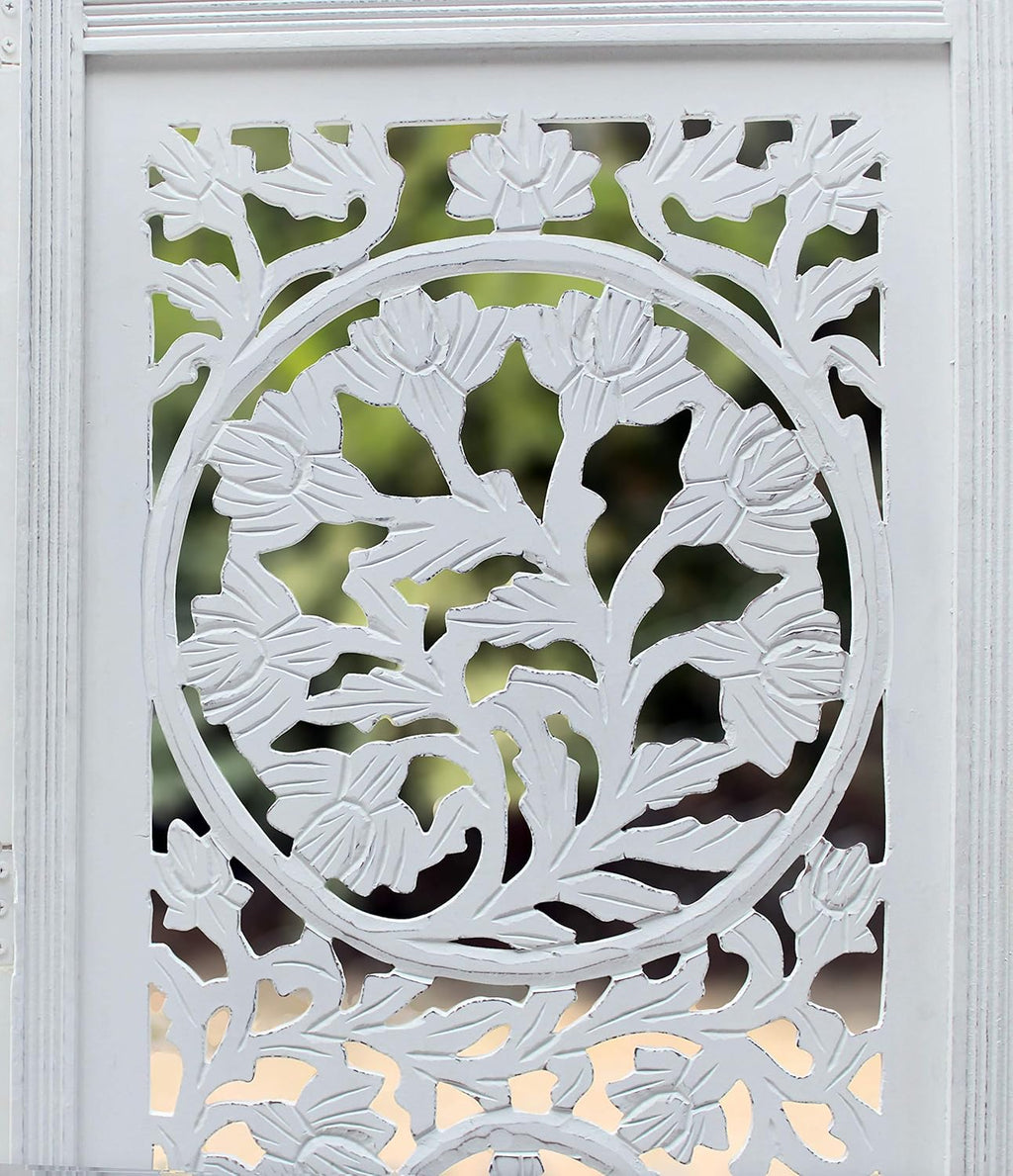 Urbane Crafts Handcrafted Wooden Room Divider & Living Room Partition | 4-Panel Solid Mango Wood & MDF Privacy Screen with Intricate Circular Tree of Life Carvings | Distressed White Wash Finish