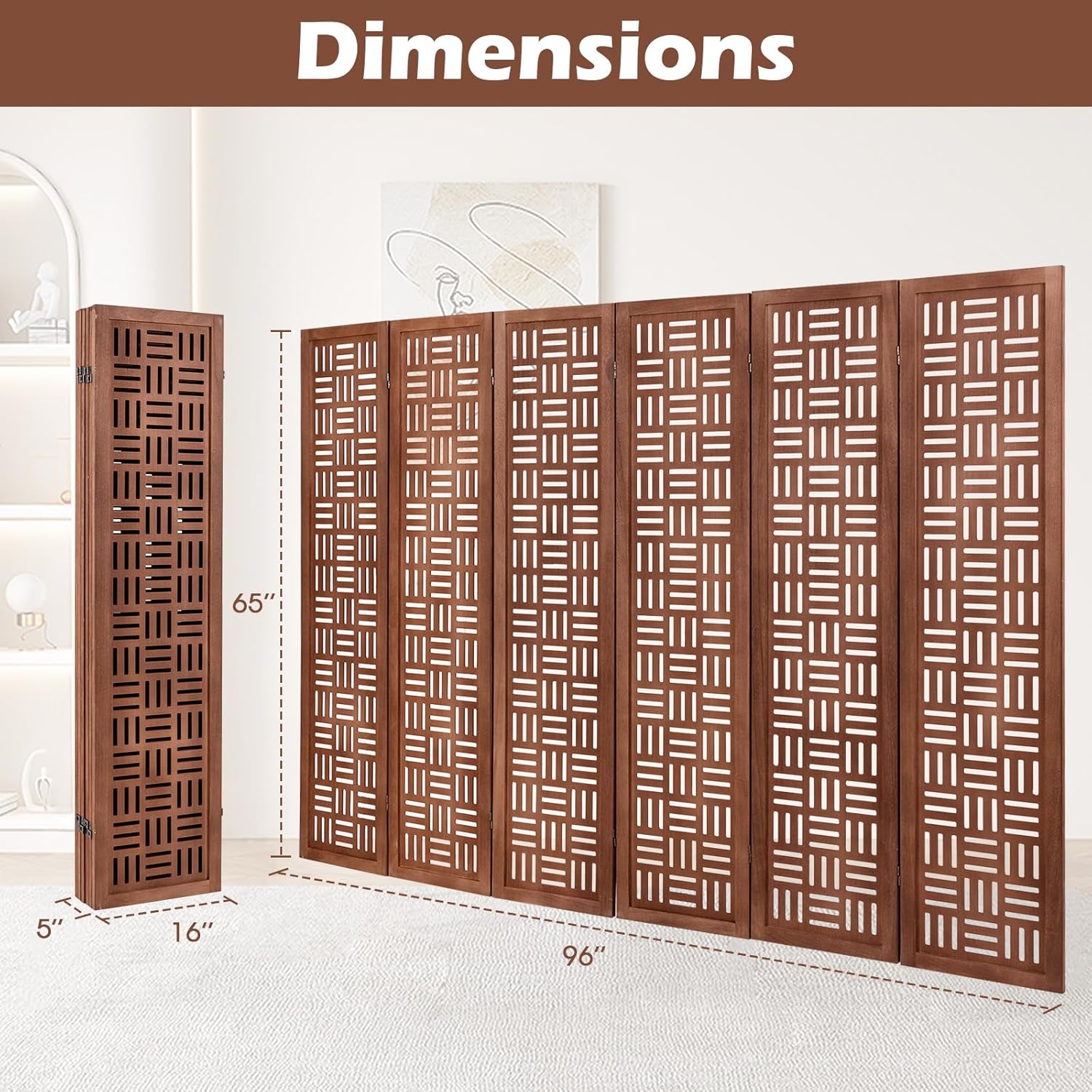 Urbane Crafts Handcrafted Wooden Room Divider & Extra Wide Living Room Partition | 6-Panel Solid Mango Wood & MDF Privacy Screen with Geometric Basketweave Cutouts | Honey Brown Finish