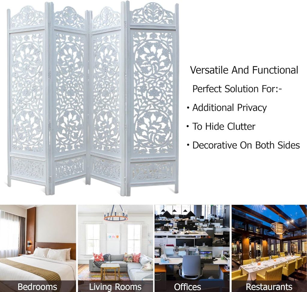 Urbane Crafts Handcrafted Wooden Room Divider & Living Room Partition | 4-Panel Solid Mango Wood & MDF Privacy Screen with Intricate Circular Tree of Life Carvings | Distressed White Wash Finish