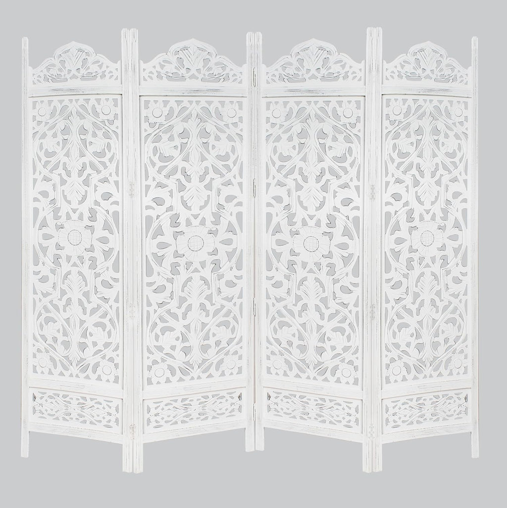 Urbane Crafts Handcrafted Wooden Room Divider & Living Room Partition | 4-Panel Solid Mango Wood & MDF Privacy Screen with Symmetrical Mandala Floral Carvings | Crisp Distressed White Finish