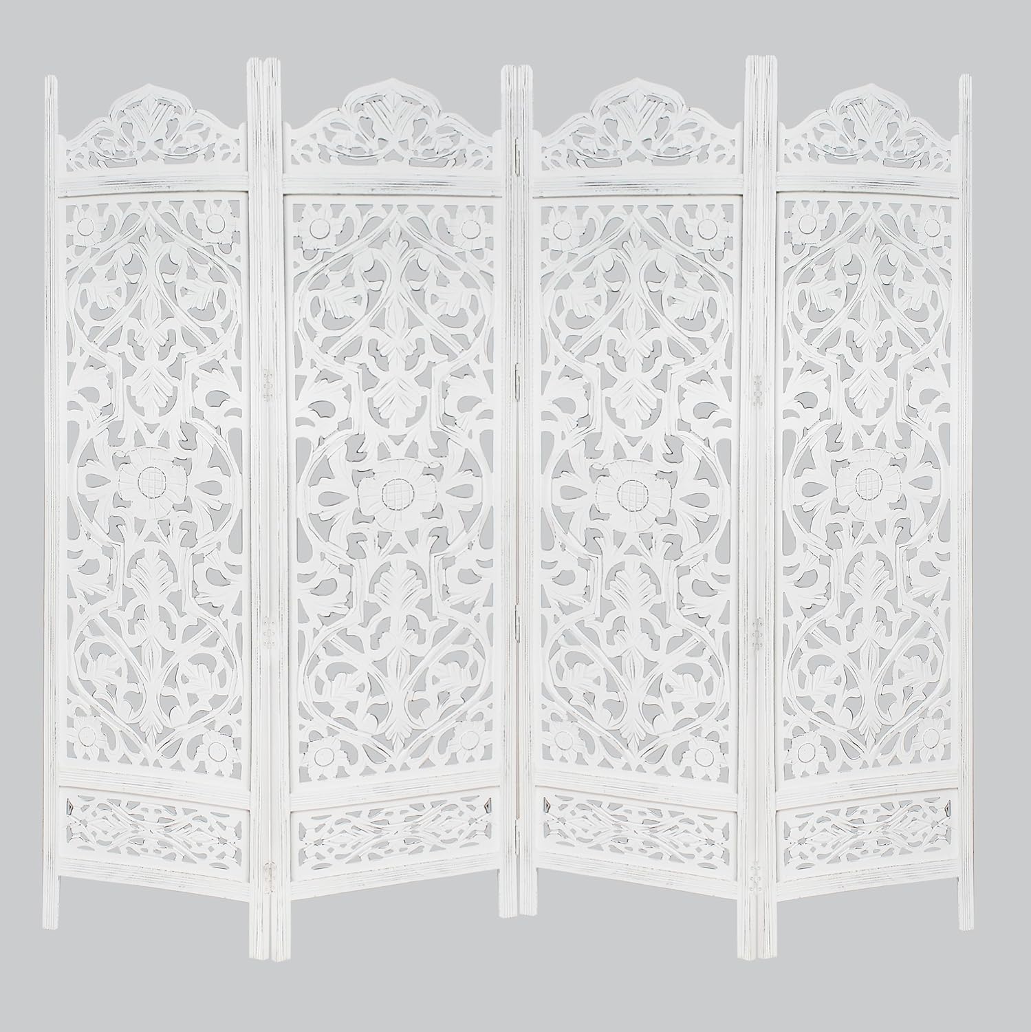 Urbane Crafts Handcrafted Wooden Room Divider & Living Room Partition | 4-Panel Solid Mango Wood & MDF Privacy Screen with Symmetrical Mandala Floral Carvings | Crisp Distressed White Finish