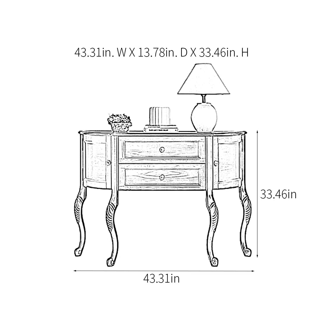 Urbane Crafts Antique White Solid Teak Wood Demilune Console Table – French Country Half-Moon Entryway Cabinet with Drawers and Carved Cabriole Legs