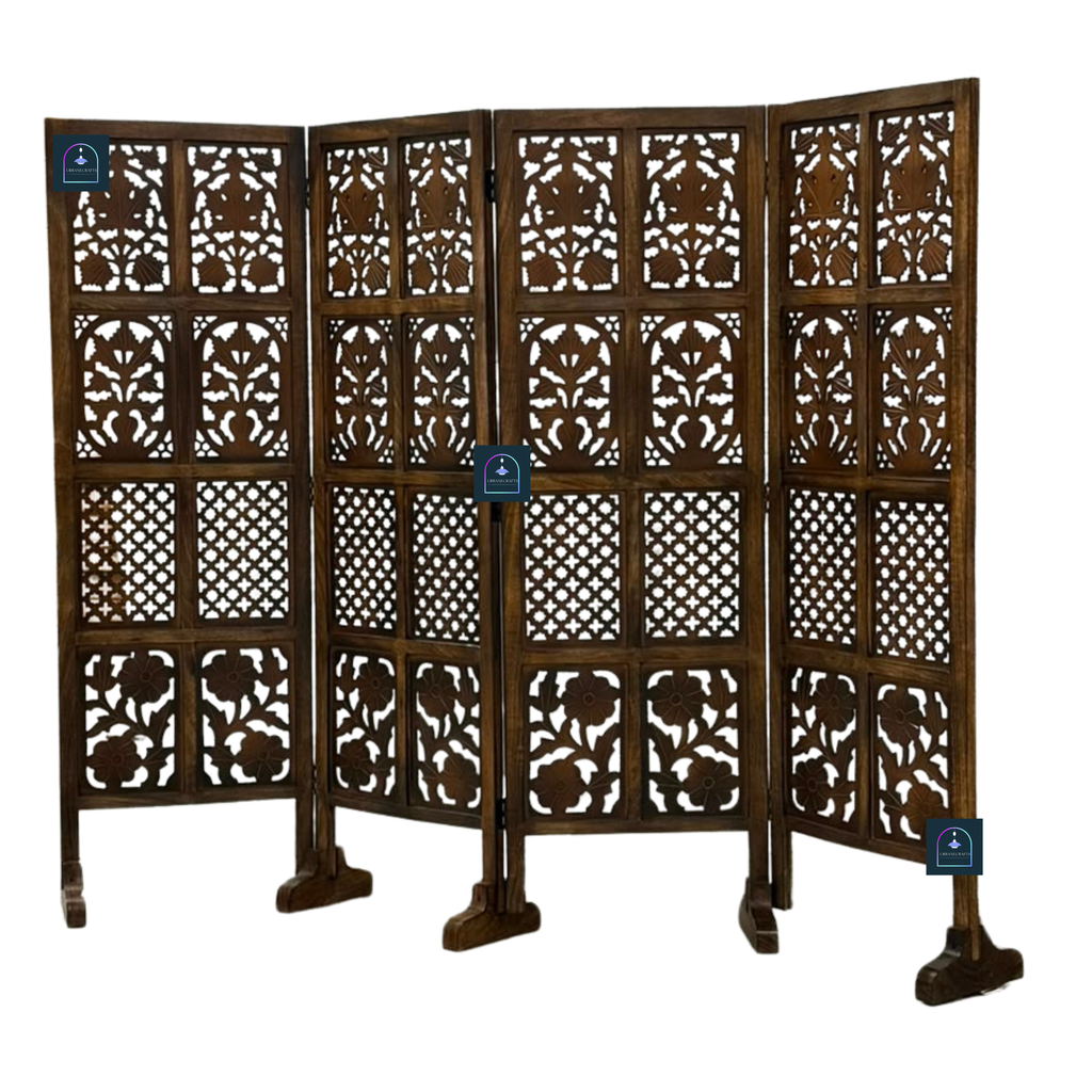 Urbane Crafts Handcrafted 4 Panel Wooden Room Divider (5 Ft Height) – Hand Carved Solid Wood Folding Partition Screen with Support Feet & Privacy Room Separator for Living Room, Home Office & Bedroom