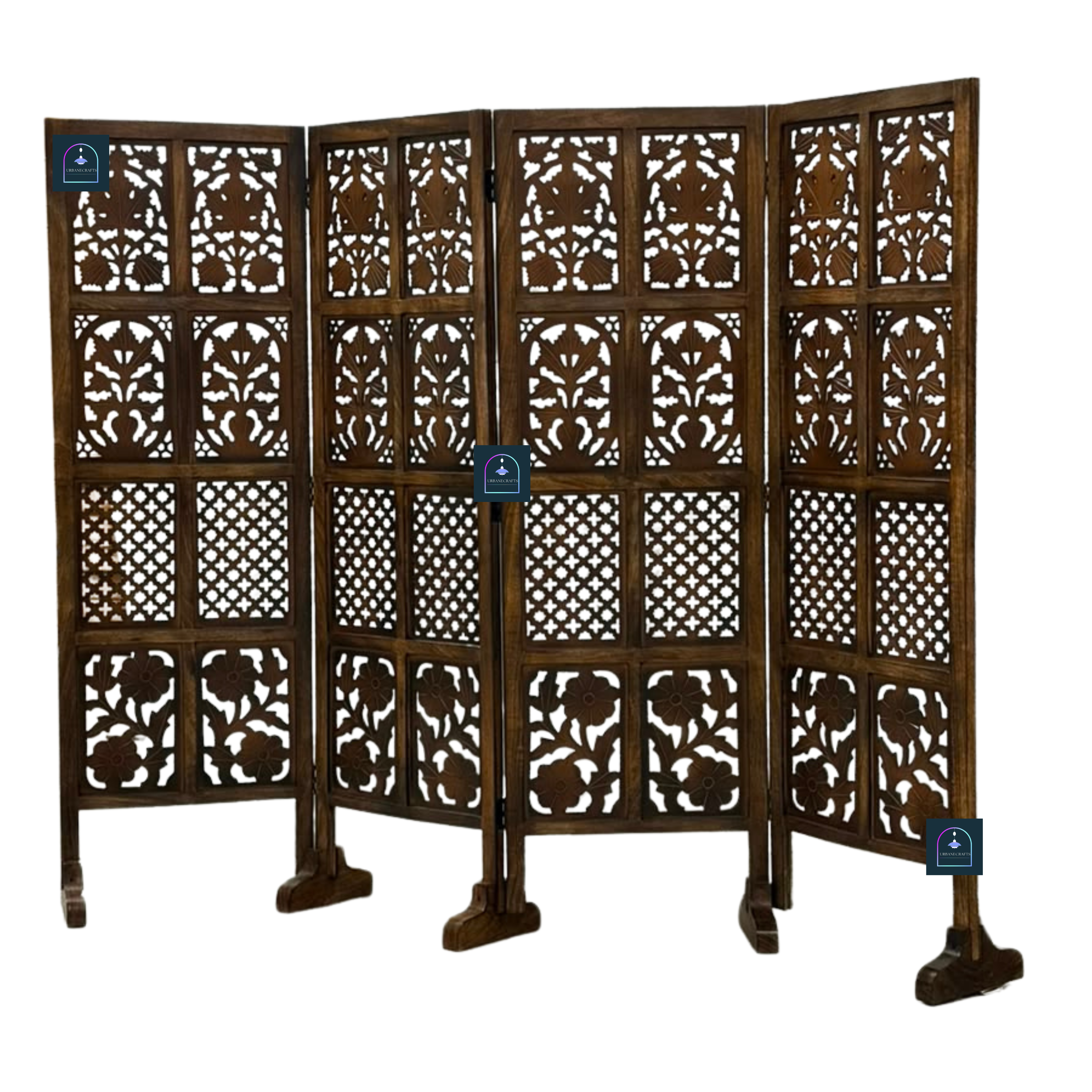Urbane Crafts Handcrafted 4 Panel Wooden Room Divider (5 Ft Height) – Hand Carved Solid Wood Folding Partition Screen with Support Feet & Privacy Room Separator for Living Room, Home Office & Bedroom