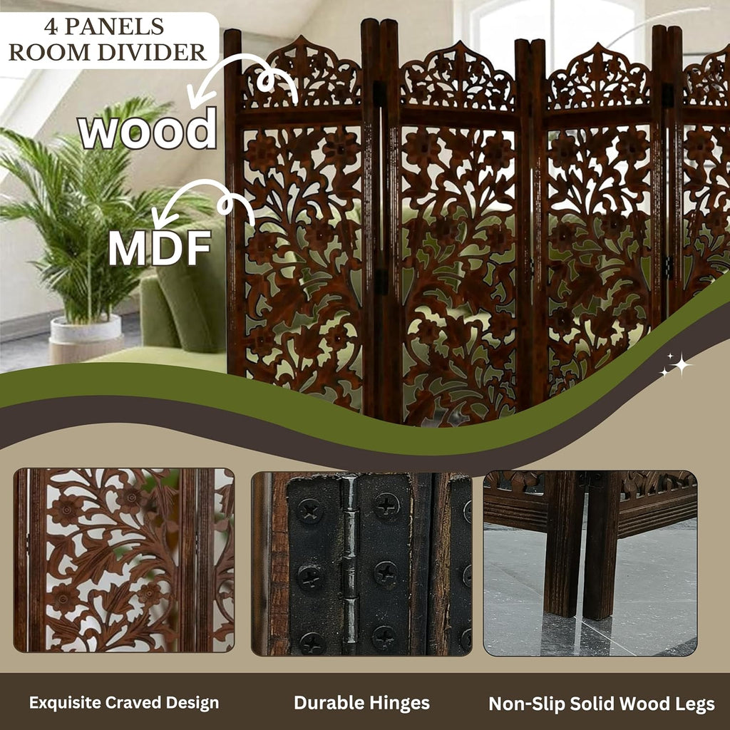 Urbane Crafts Handcrafted Wooden Room Divider & Living Room Partition | 4-Panel Solid Mango Wood & MDF Privacy Screen with Intricate Floral Vine Carvings | Classic Antique Walnut Finish