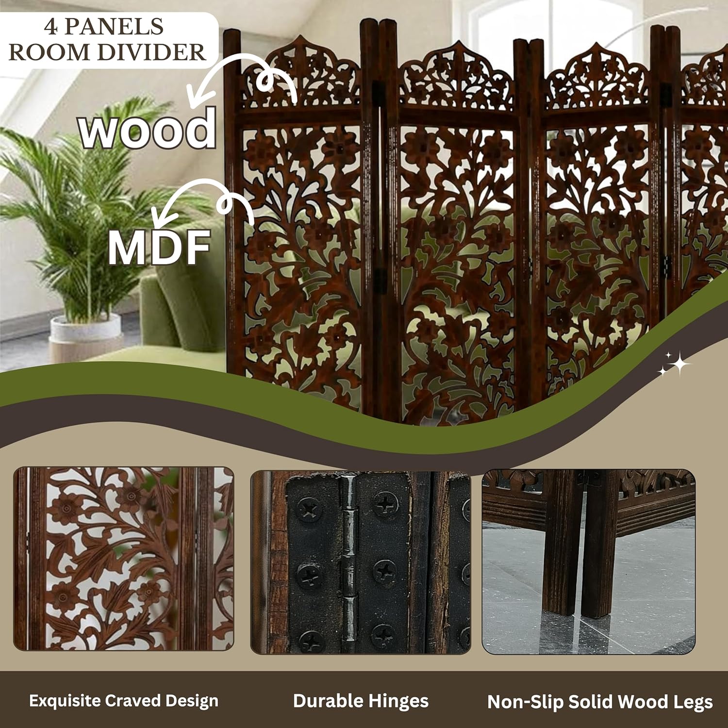 Urbane Crafts Handcrafted Wooden Room Divider & Living Room Partition | 4-Panel Solid Mango Wood & MDF Privacy Screen with Intricate Floral Vine Carvings | Classic Antique Walnut Finish