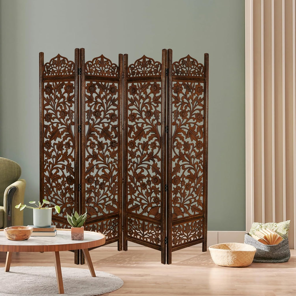 Urbane Crafts Handcrafted Wooden Room Divider & Living Room Partition | 4-Panel Solid Mango Wood & MDF Privacy Screen with Intricate Floral Vine Carvings | Classic Antique Walnut Finish