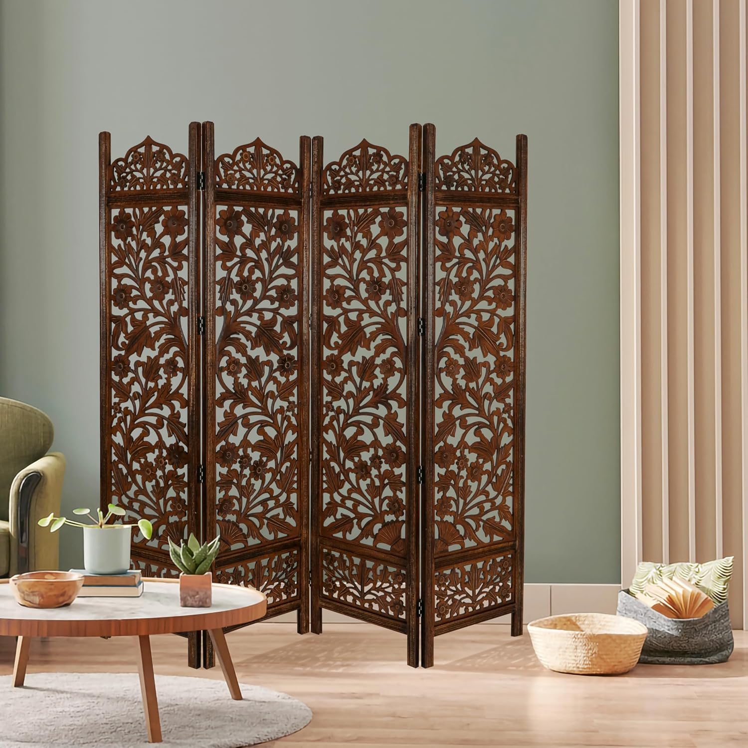 Urbane Crafts Handcrafted Wooden Room Divider & Living Room Partition | 4-Panel Solid Mango Wood & MDF Privacy Screen with Intricate Floral Vine Carvings | Classic Antique Walnut Finish
