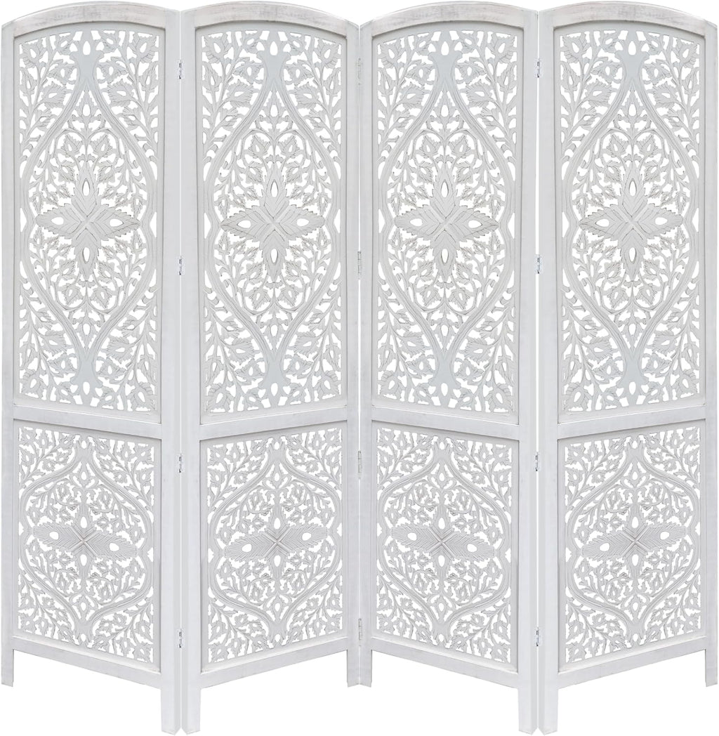 Urbane Crafts Handcrafted Wooden Room Divider & Living Room Partition | 4-Panel Solid Mango Wood & MDF Privacy Screen with Diamond Floral Cutouts & Arched Tops | Classic White Wash Finish