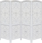 Urbane Crafts Handcrafted Wooden Room Divider & Living Room Partition | 4-Panel Solid Mango Wood & MDF Privacy Screen with Diamond Floral Cutouts & Arched Tops | Classic White Wash Finish