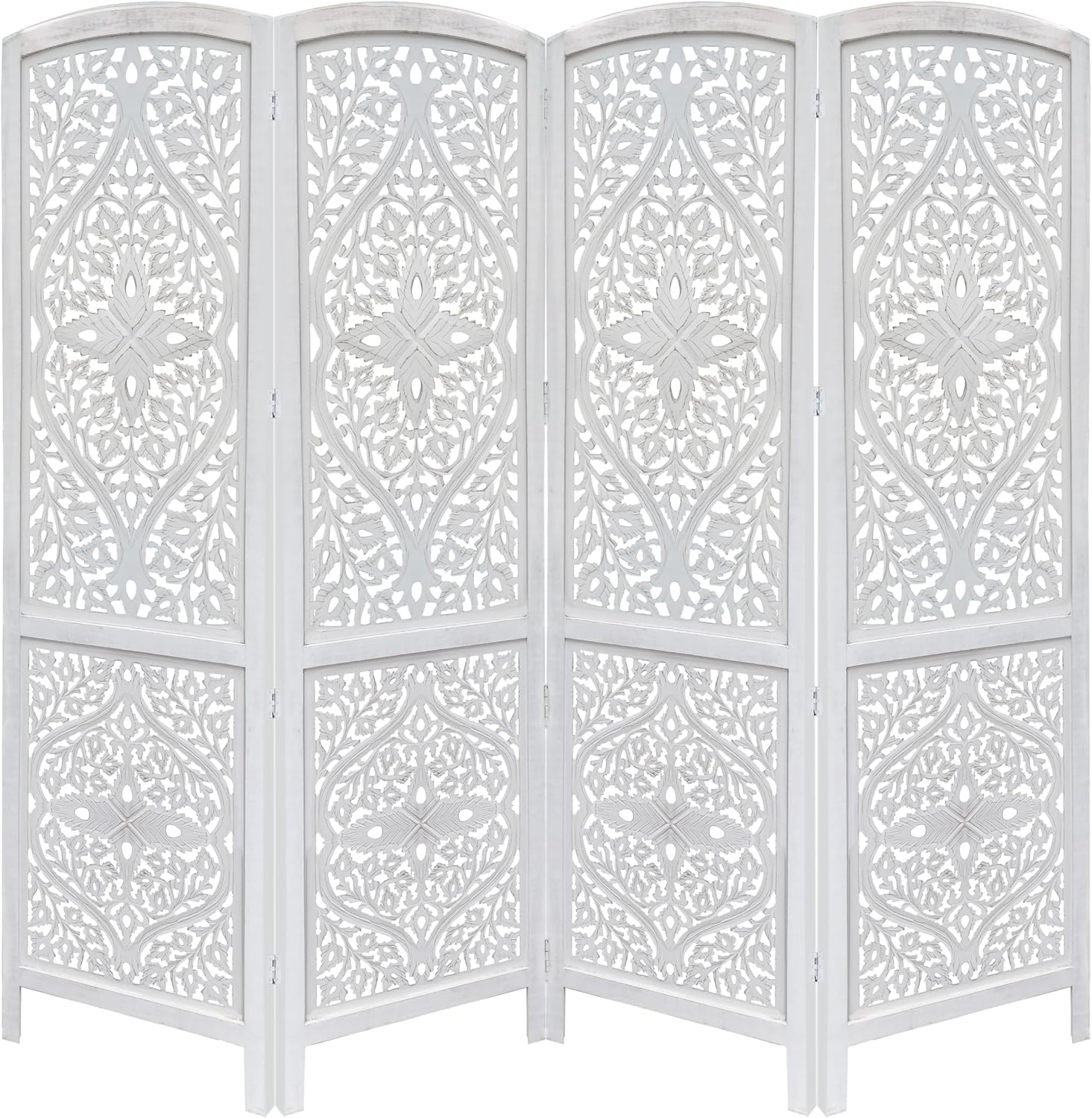 Urbane Crafts Handcrafted Wooden Room Divider & Living Room Partition | 4-Panel Solid Mango Wood & MDF Privacy Screen with Diamond Floral Cutouts & Arched Tops | Classic White Wash Finish