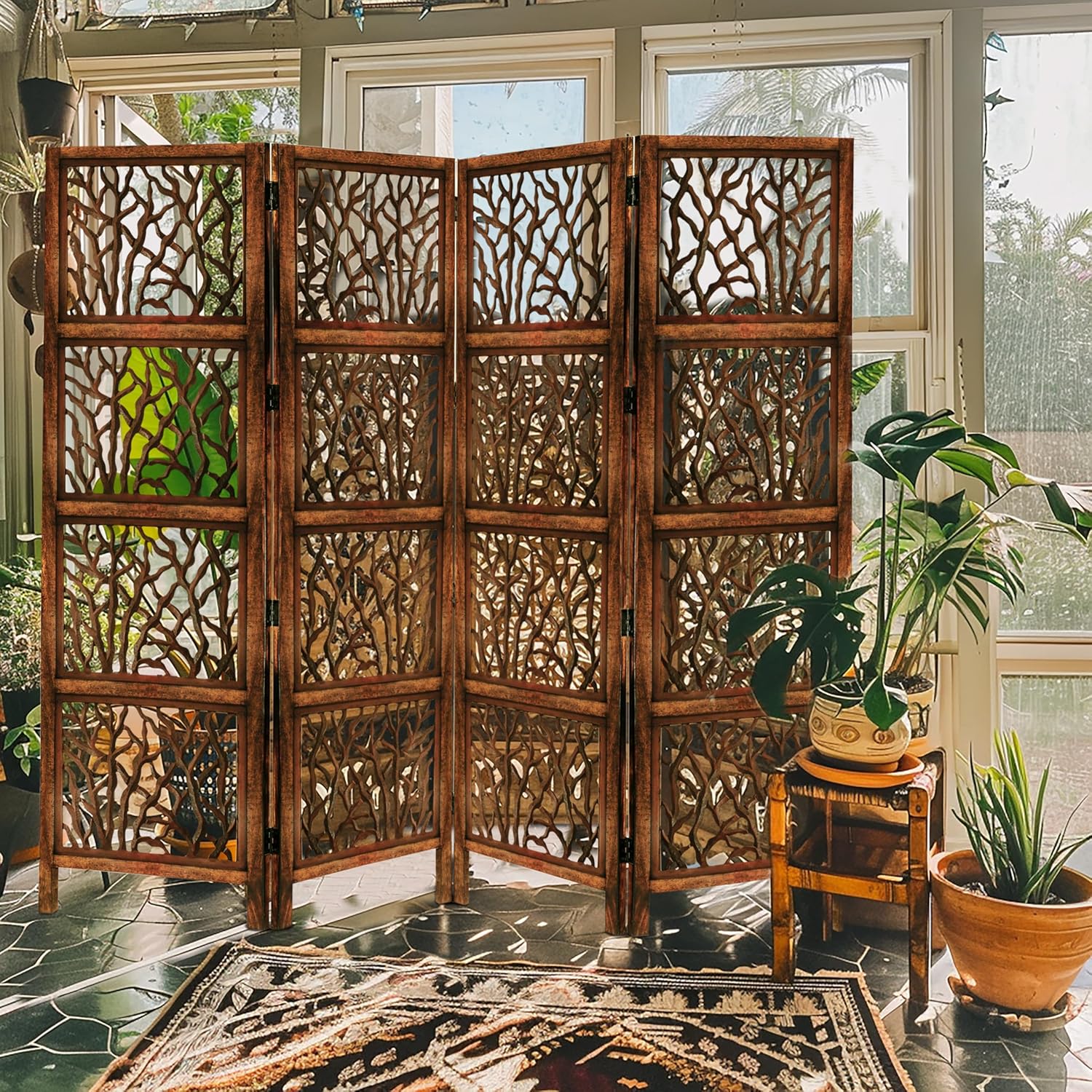 Urbane Crafts Handcrafted Wooden Room Divider & Living Room Partition | 4-Panel Solid Mango Wood & MDF Privacy Screen with Modern Tree Branch Cutouts | Natural Warm Brown Finish