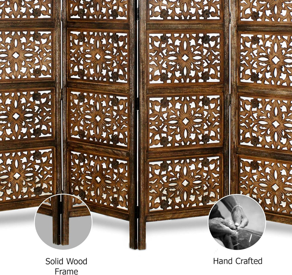 Urbane Crafts Handcrafted Wooden Room Divider & Living Room Partition | 4-Panel Solid Mango Wood & MDF Privacy Screen with Geometric Diamond Floral Cutouts | Antique Burnished Brown Finish