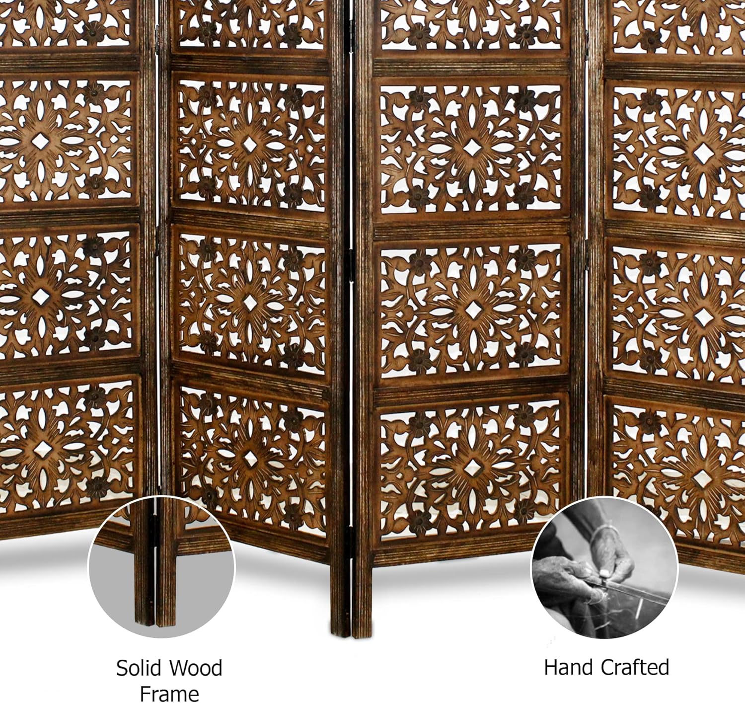 Urbane Crafts Handcrafted Wooden Room Divider & Living Room Partition | 4-Panel Solid Mango Wood & MDF Privacy Screen with Geometric Diamond Floral Cutouts | Antique Burnished Brown Finish