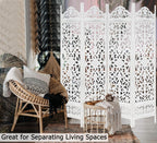 Urbane Crafts Handcrafted Wooden Room Divider & Living Room Partition | 4-Panel Solid Mango Wood & MDF Privacy Screen with Symmetrical Mandala Floral Carvings | Crisp Distressed White Finish