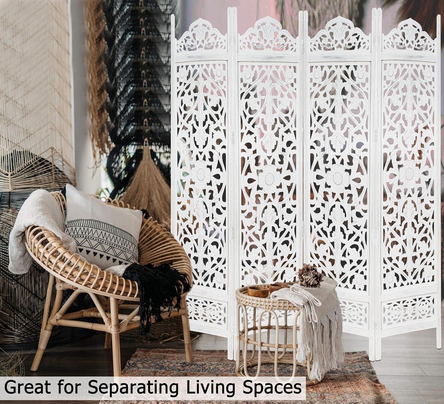 Urbane Crafts Handcrafted Wooden Room Divider & Living Room Partition | 4-Panel Solid Mango Wood & MDF Privacy Screen with Symmetrical Mandala Floral Carvings | Crisp Distressed White Finish