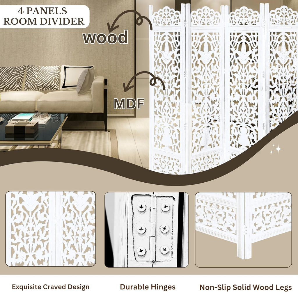 Urbane Crafts Handcrafted Wooden Room Divider & Living Room Partition | 4-Panel Solid Mango Wood & MDF Privacy Screen with Elegant Floral Vase Carvings | Pristine White Finish