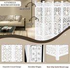 Urbane Crafts Handcrafted Wooden Room Divider & Living Room Partition | 4-Panel Solid Mango Wood & MDF Privacy Screen with Elegant Floral Vase Carvings | Pristine White Finish
