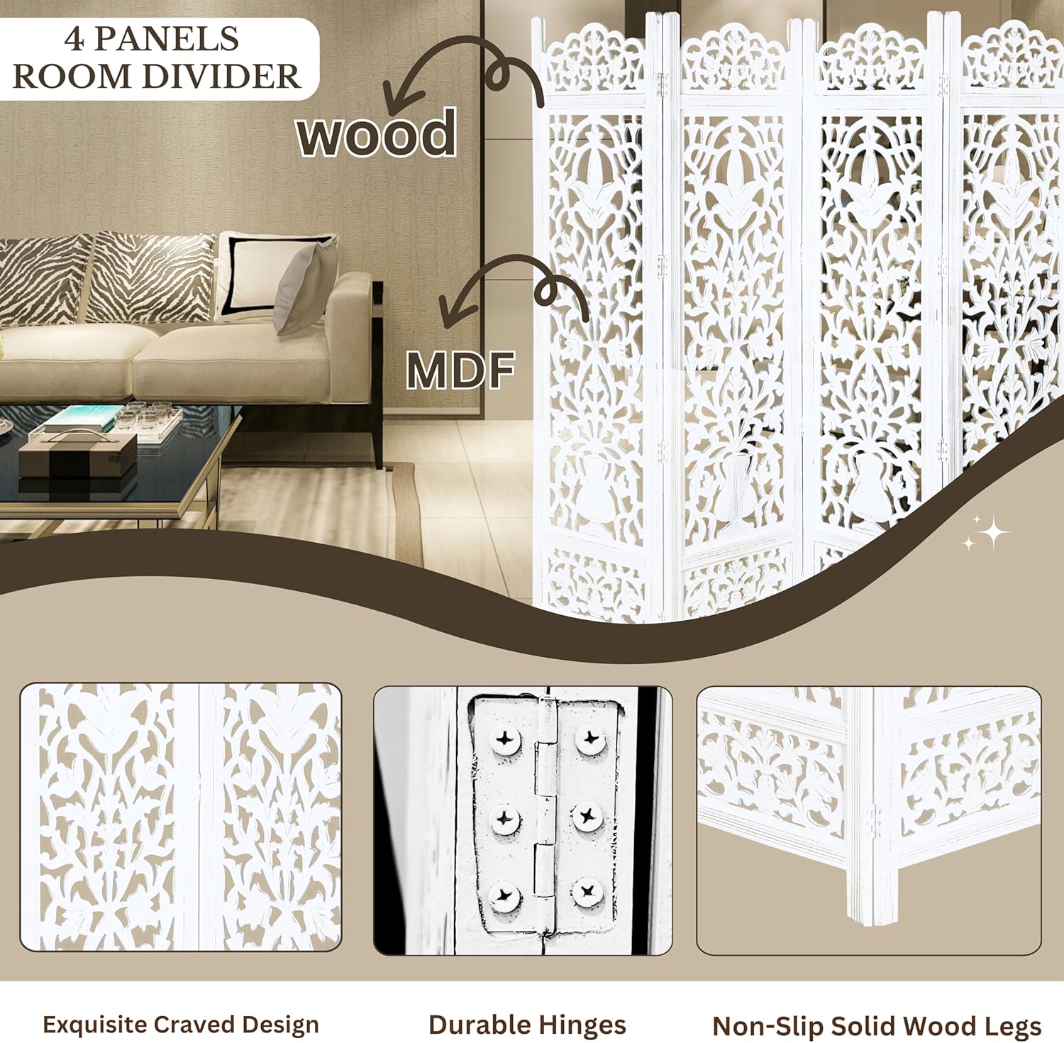 Urbane Crafts Handcrafted Wooden Room Divider & Living Room Partition | 4-Panel Solid Mango Wood & MDF Privacy Screen with Elegant Floral Vase Carvings | Pristine White Finish