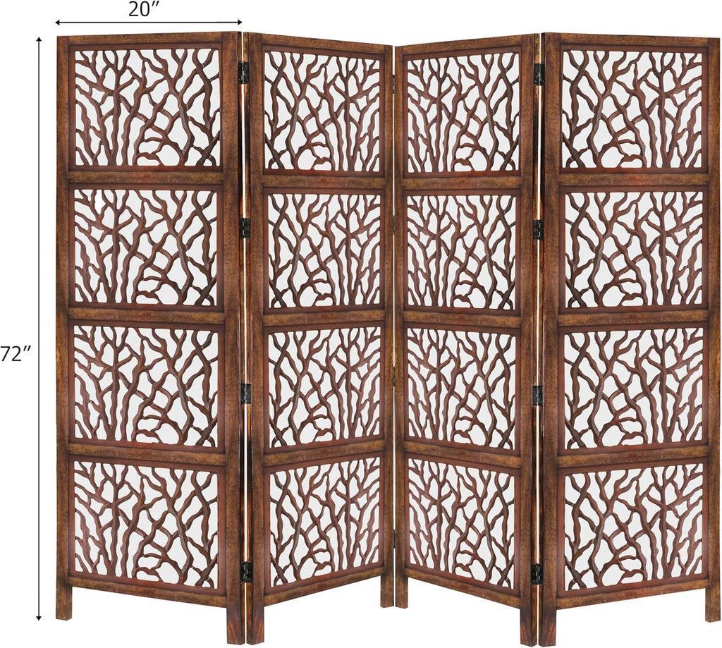 Urbane Crafts Handcrafted Wooden Room Divider & Living Room Partition | 4-Panel Solid Mango Wood & MDF Privacy Screen with Modern Tree Branch Cutouts | Natural Warm Brown Finish
