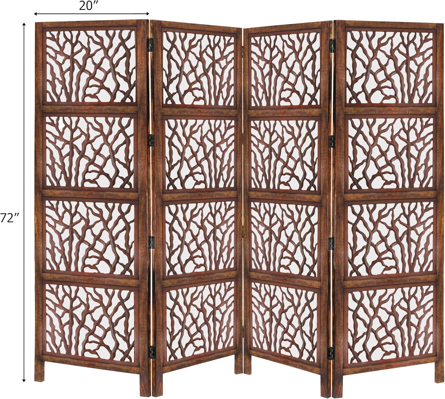 Urbane Crafts Handcrafted Wooden Room Divider & Living Room Partition | 4-Panel Solid Mango Wood & MDF Privacy Screen with Modern Tree Branch Cutouts | Natural Warm Brown Finish