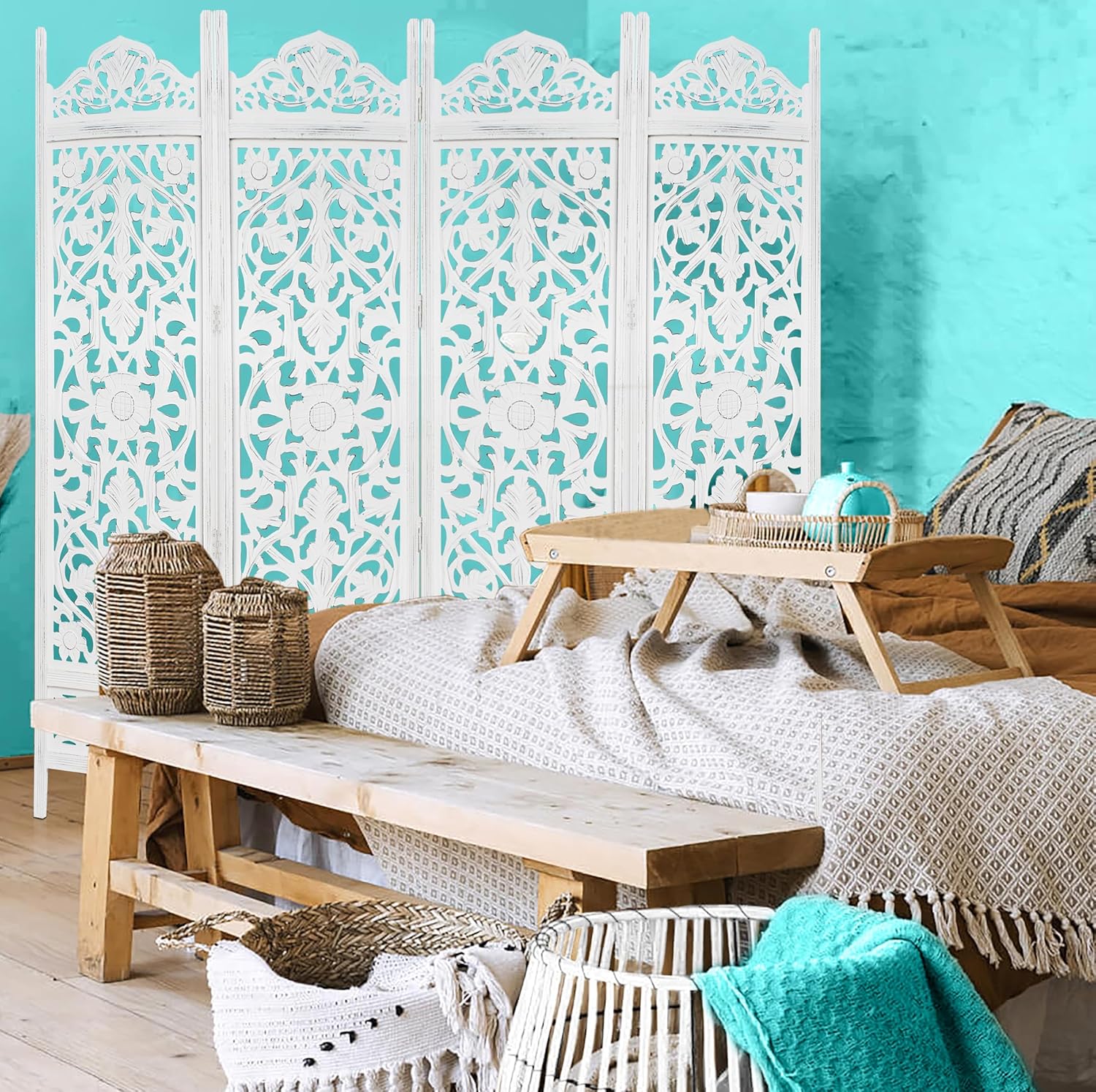 Urbane Crafts Handcrafted Wooden Room Divider & Living Room Partition | 4-Panel Solid Mango Wood & MDF Privacy Screen with Symmetrical Mandala Floral Carvings | Crisp Distressed White Finish
