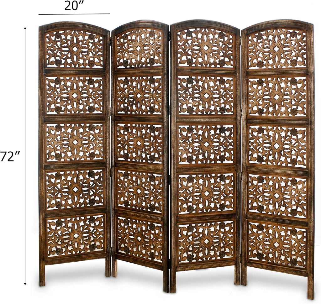 Urbane Crafts Handcrafted Wooden Room Divider & Living Room Partition | 4-Panel Solid Mango Wood & MDF Privacy Screen with Geometric Diamond Floral Cutouts | Antique Burnished Brown Finish