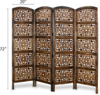 Urbane Crafts Handcrafted Wooden Room Divider & Living Room Partition | 4-Panel Solid Mango Wood & MDF Privacy Screen with Geometric Diamond Floral Cutouts | Antique Burnished Brown Finish