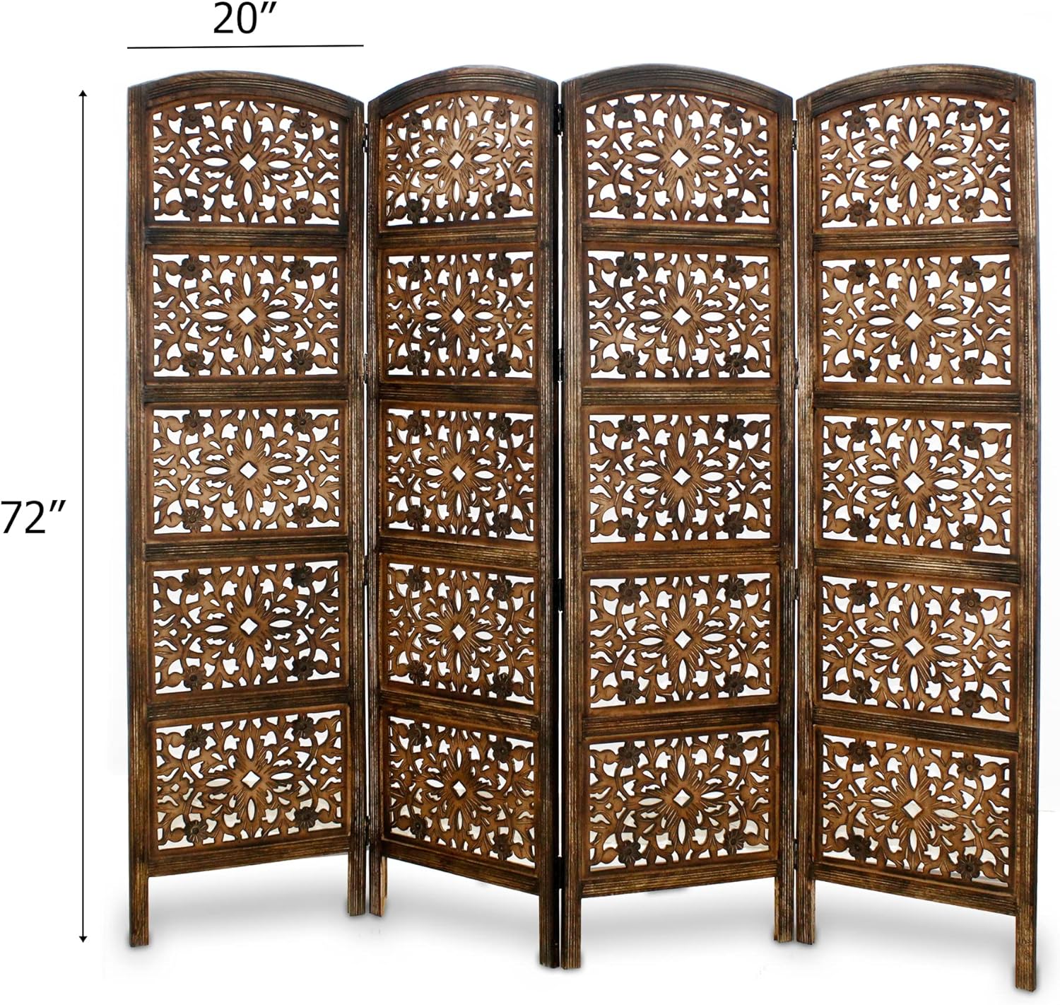 Urbane Crafts Handcrafted Wooden Room Divider & Living Room Partition | 4-Panel Solid Mango Wood & MDF Privacy Screen with Geometric Diamond Floral Cutouts | Antique Burnished Brown Finish