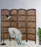 Urbane Crafts Handcrafted Wooden Room Divider & Living Room Partition | 4-Panel Solid Mango Wood & MDF Privacy Screen with Geometric Diamond Floral Cutouts | Antique Burnished Brown Finish