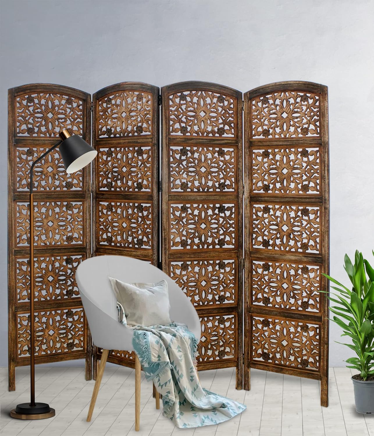 Urbane Crafts Handcrafted Wooden Room Divider & Living Room Partition | 4-Panel Solid Mango Wood & MDF Privacy Screen with Geometric Diamond Floral Cutouts | Antique Burnished Brown Finish