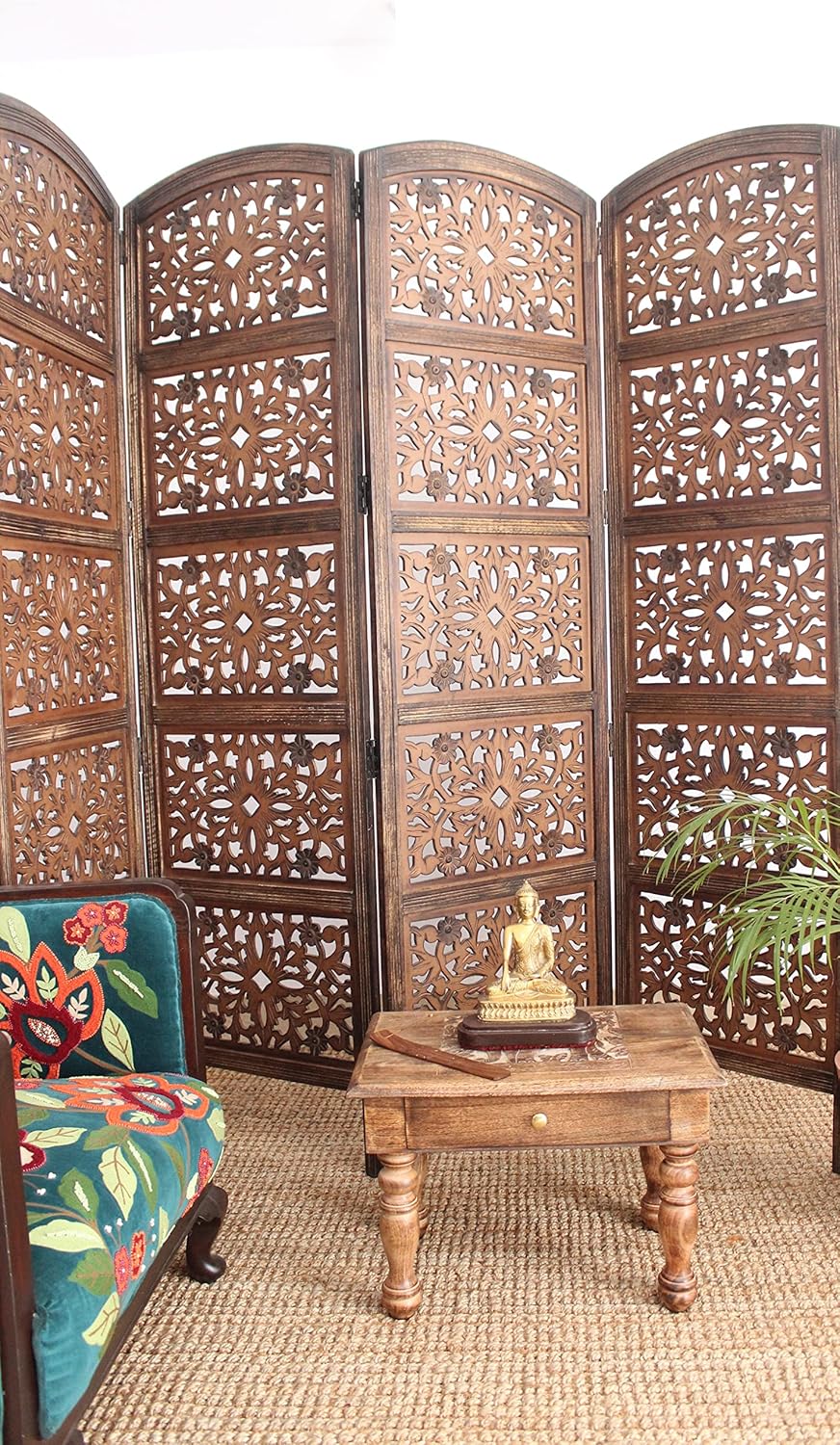 Urbane Crafts Handcrafted Wooden Room Divider & Living Room Partition | 4-Panel Solid Mango Wood & MDF Privacy Screen with Geometric Diamond Floral Cutouts | Antique Burnished Brown Finish
