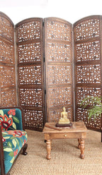 Urbane Crafts Handcrafted Wooden Room Divider & Living Room Partition | 4-Panel Solid Mango Wood & MDF Privacy Screen with Geometric Diamond Floral Cutouts | Antique Burnished Brown Finish