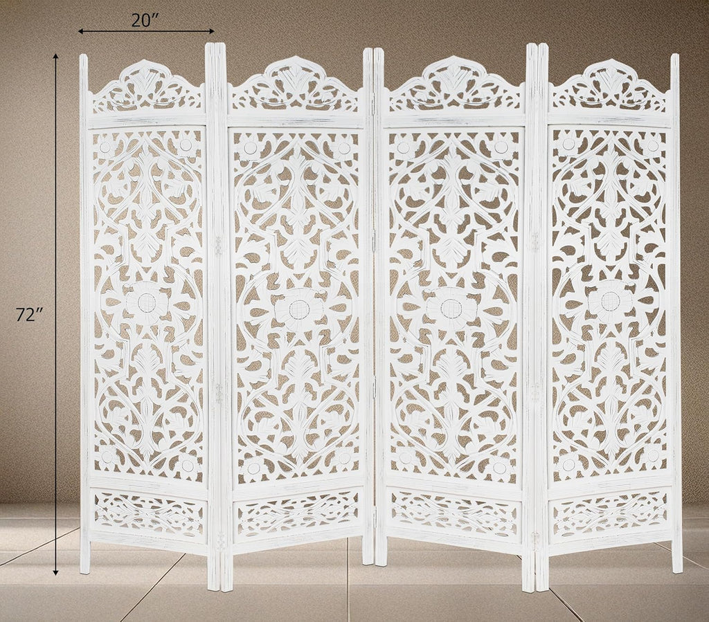 Urbane Crafts Handcrafted Wooden Room Divider & Living Room Partition | 4-Panel Solid Mango Wood & MDF Privacy Screen with Symmetrical Mandala Floral Carvings | Crisp Distressed White Finish