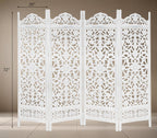 Urbane Crafts Handcrafted Wooden Room Divider & Living Room Partition | 4-Panel Solid Mango Wood & MDF Privacy Screen with Symmetrical Mandala Floral Carvings | Crisp Distressed White Finish