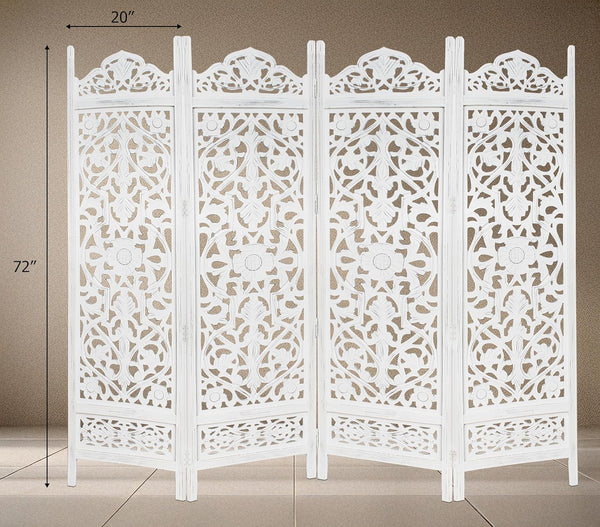 Urbane Crafts Handcrafted Wooden Room Divider & Living Room Partition | 4-Panel Solid Mango Wood & MDF Privacy Screen with Symmetrical Mandala Floral Carvings | Crisp Distressed White Finish