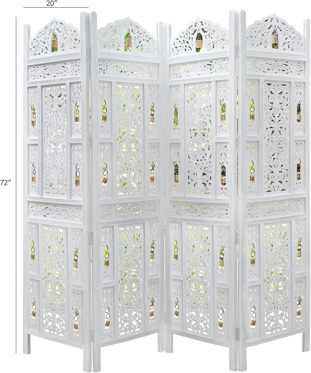 Urbane Crafts Handcrafted Wooden Room Divider & Living Room Partition Screen | 4-Panel Solid Mango Wood & MDF Privacy Screen with Intricate Carvings & Brass Bells | White Distressed Finish