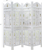 Urbane Crafts Handcrafted Wooden Room Divider & Living Room Partition Screen | 4-Panel Solid Mango Wood & MDF Privacy Screen with Intricate Carvings & Brass Bells | White Distressed Finish