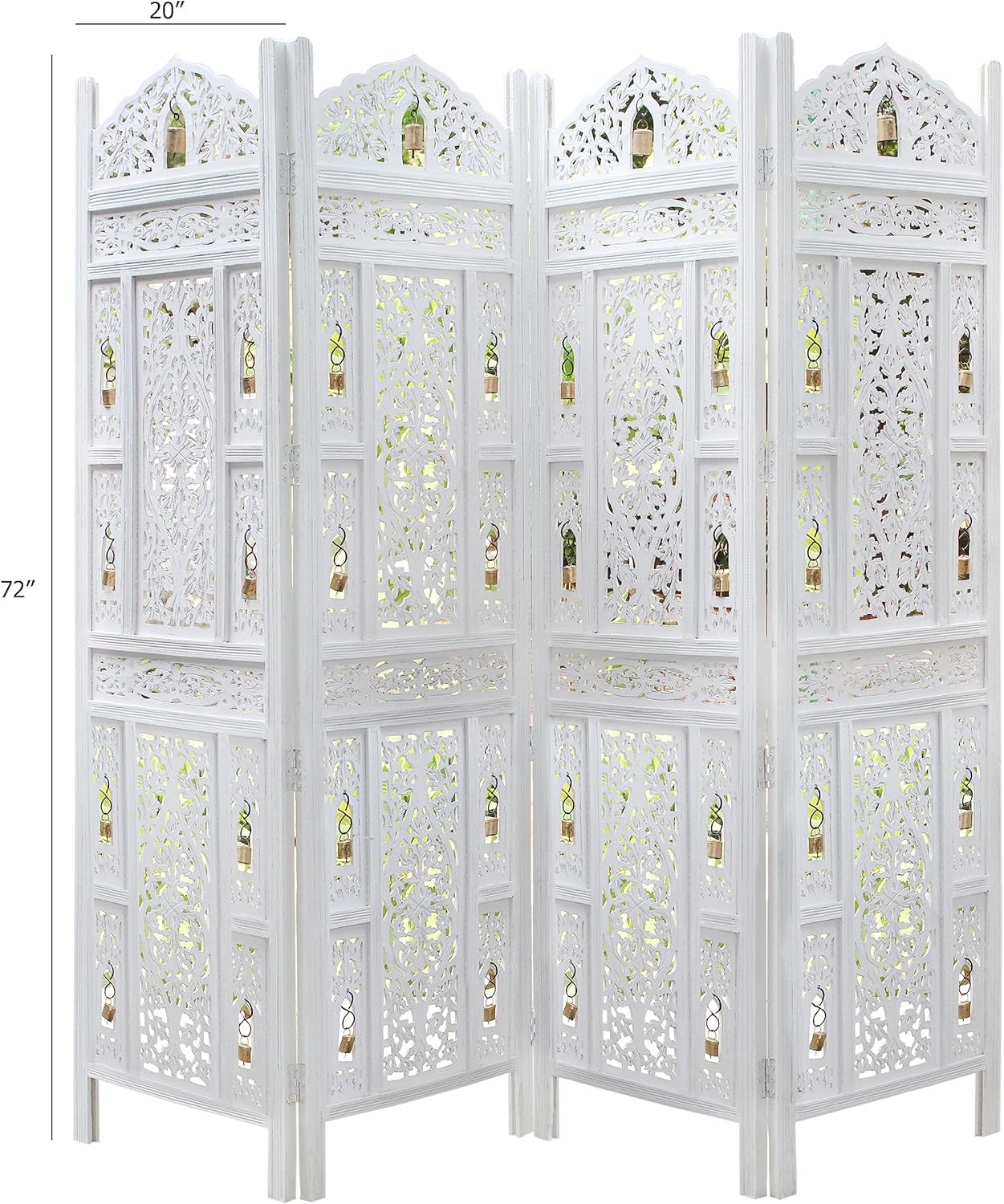 Urbane Crafts Handcrafted Wooden Room Divider & Living Room Partition Screen | 4-Panel Solid Mango Wood & MDF Privacy Screen with Intricate Carvings & Brass Bells | White Distressed Finish