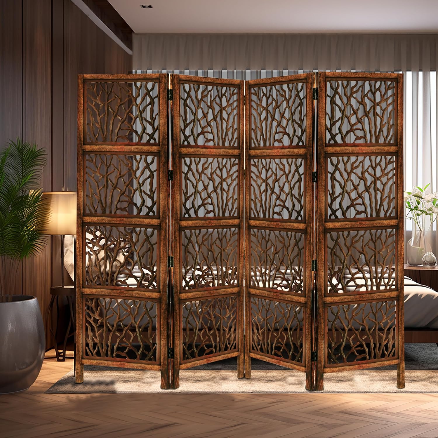 Urbane Crafts Handcrafted Wooden Room Divider & Living Room Partition | 4-Panel Solid Mango Wood & MDF Privacy Screen with Modern Tree Branch Cutouts | Natural Warm Brown Finish