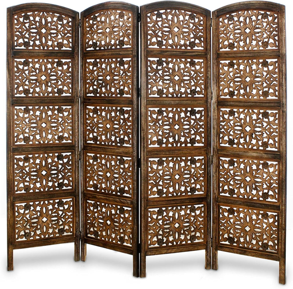 Urbane Crafts Handcrafted Wooden Room Divider & Living Room Partition | 4-Panel Solid Mango Wood & MDF Privacy Screen with Geometric Diamond Floral Cutouts | Antique Burnished Brown Finish