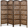 Urbane Crafts Handcrafted Wooden Room Divider & Living Room Partition | 4-Panel Solid Mango Wood & MDF Privacy Screen with Geometric Diamond Floral Cutouts | Antique Burnished Brown Finish